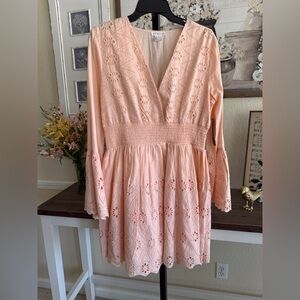 Pink Eyelet Cotton Dress Feminine Boho Chic Mini Romantic Cottagecore Size 12